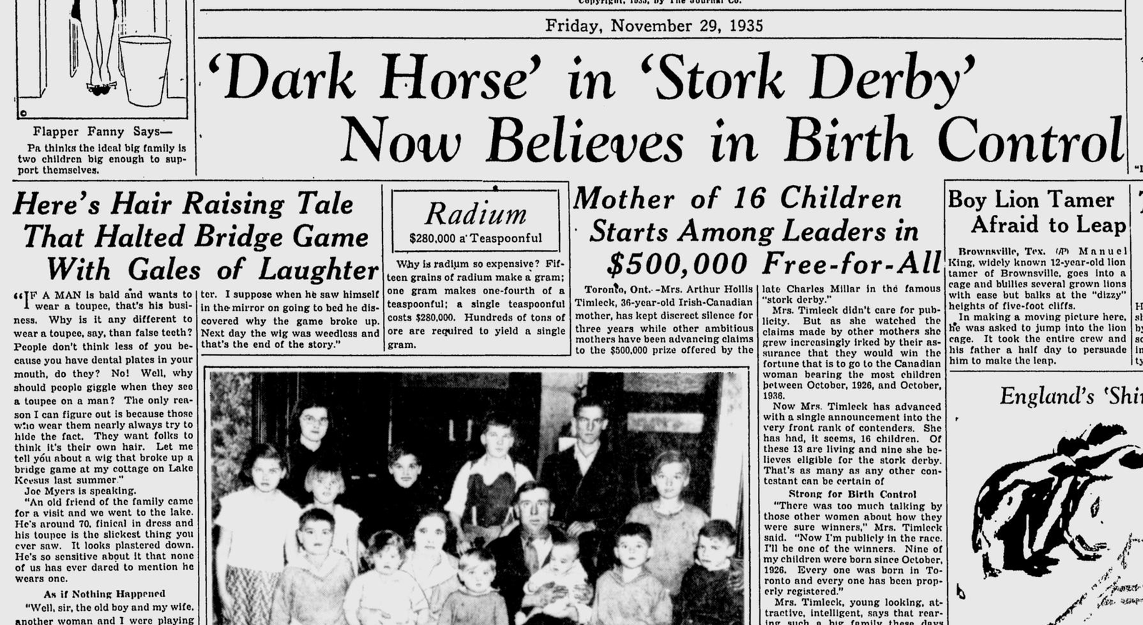 La señora Timleck, a favor del control de la natalidad tras haber parido dieciséis hijos. Fuente: The Milwaukee Journal, 29 de noviembre de 1935.