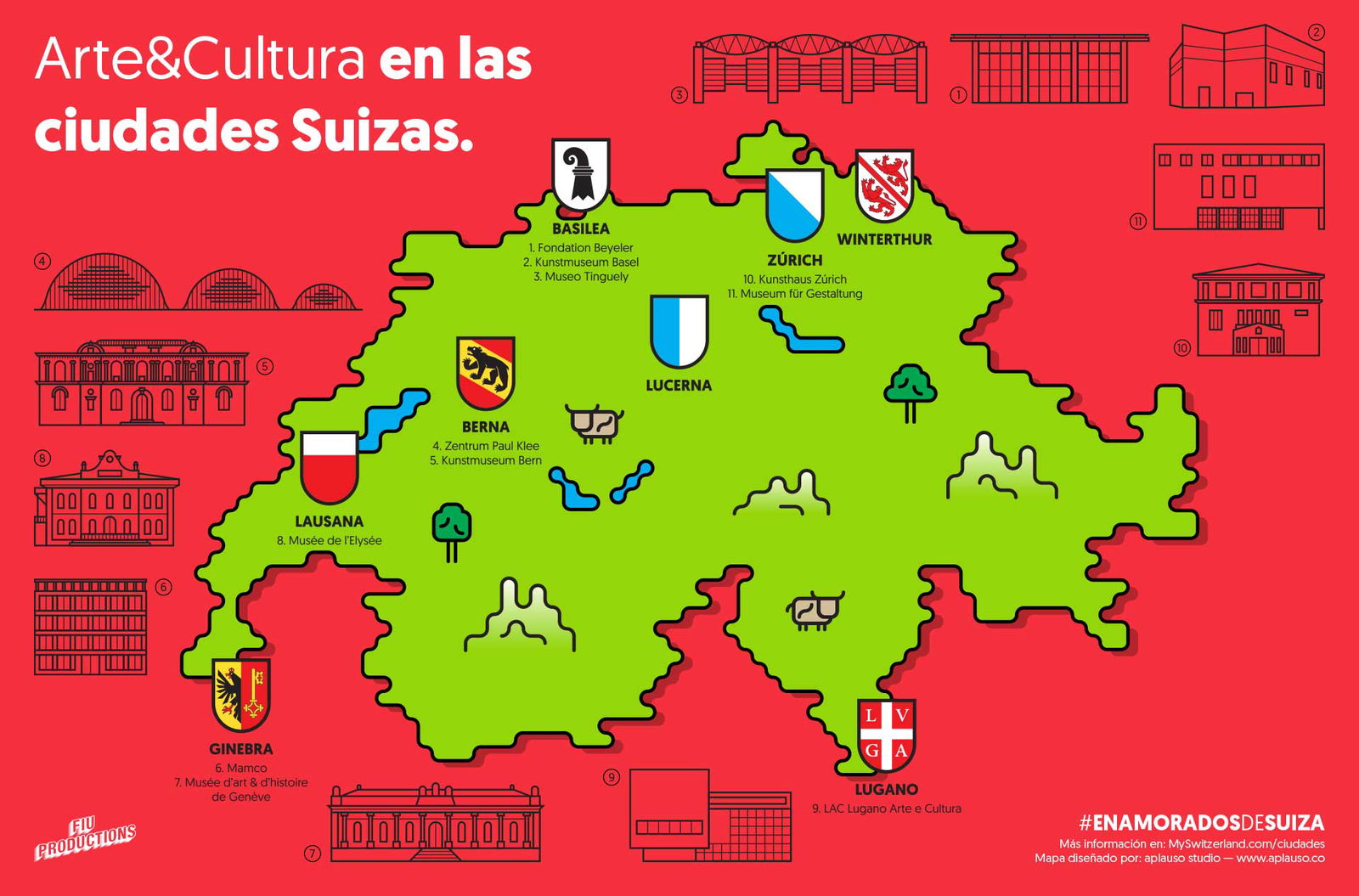 Aplauso hizo referencia a los escudos de los cantones suizos y eligió las formas geométricas incluso en los bordes del mapa.