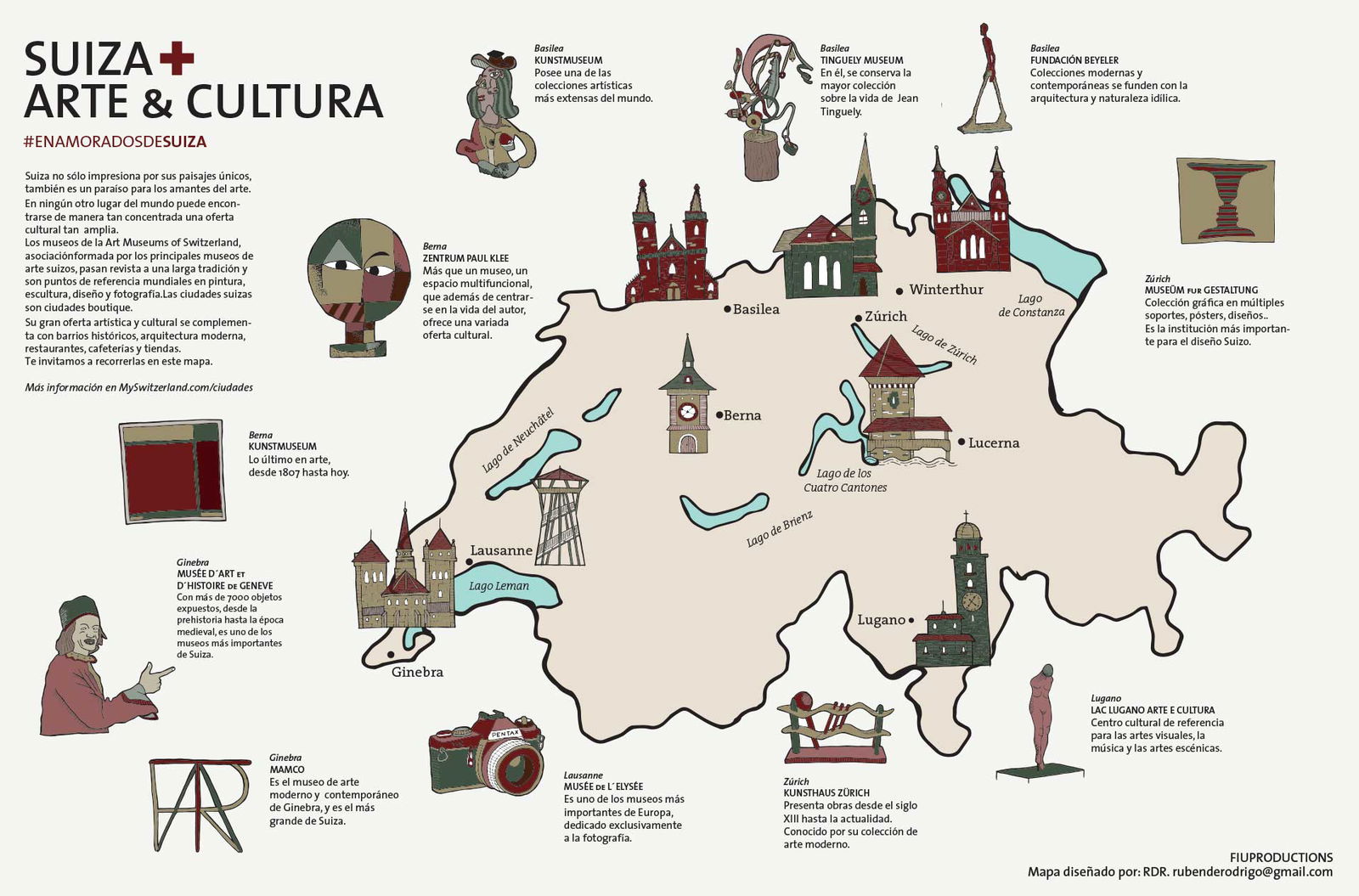 Rubén de Rodrigo prefirió unas ilustraciones más realistas de los principales edificios de las ciudades elegidas.