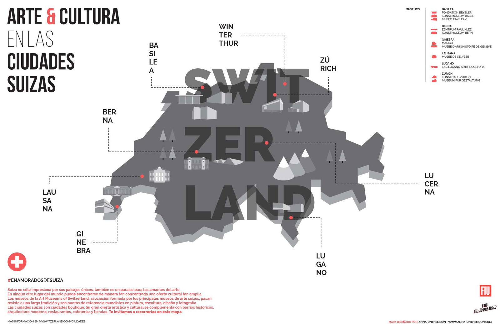 El diseño de Anna Alajarin fue sobrio en forma y color. Predominaba el rojo de la bandera de Suiza sobre un discreto mapa gris.