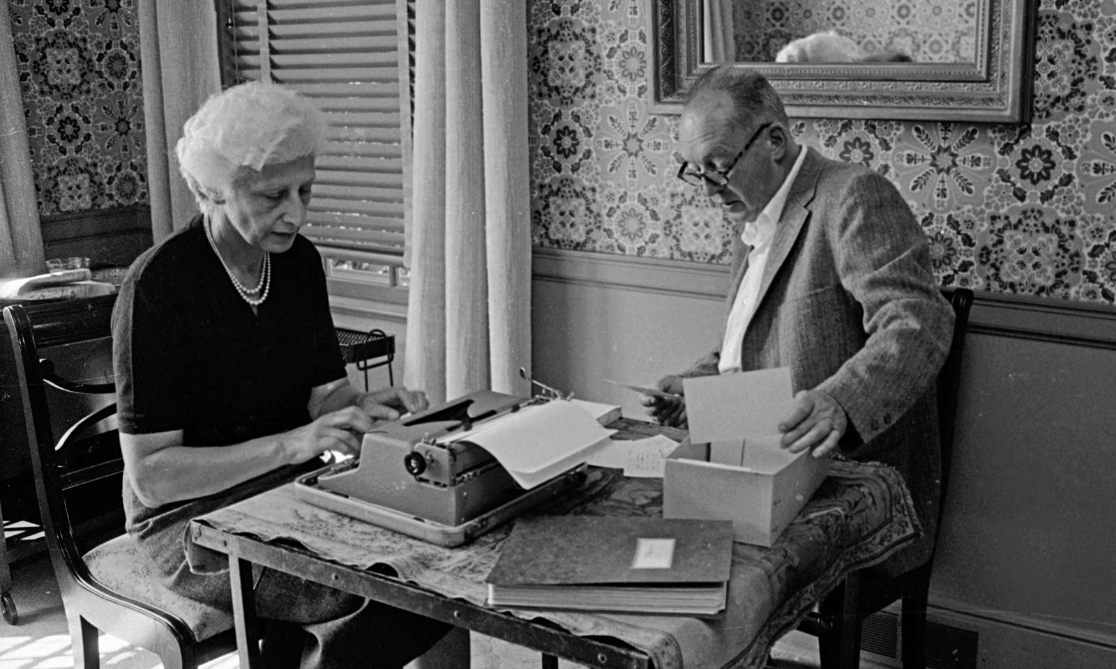 Vladimir Nabokov dictates while his wife Vera types, Ithaca New York, 1958