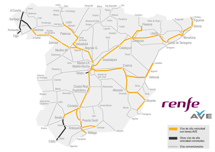 Mapa del AVE en España a enero de 2022 (Fuente: RENFE)